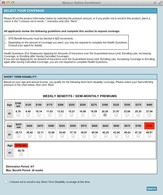 Insurance Enrollment Application Development - Short Term Disability Enrollment Form